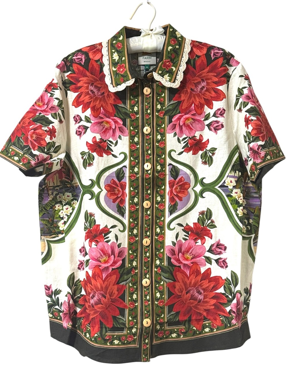 Farm Rio Wonder Rio Sand Uni Shirt Linen Blend Floral Button Down Shirt Size M